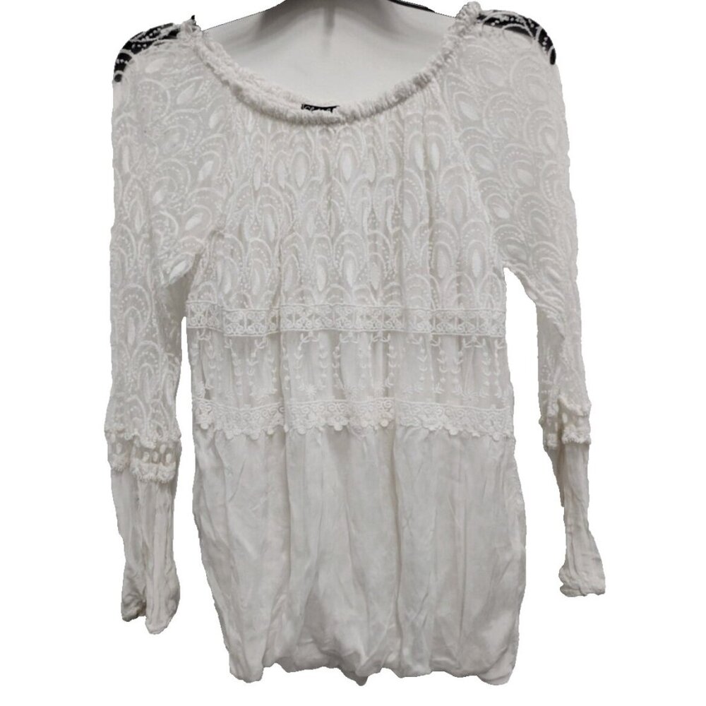 Charlie B Womens Silk Blend Lace Blouse Top Large White Long Sleeve Fairy BOHO